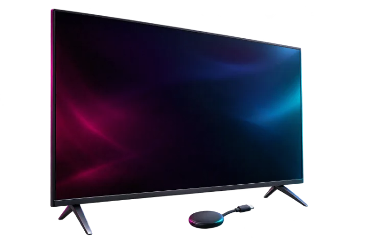 A flat-screen television on two legs with a streaming dongle in front