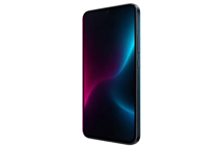 A smartphone standing upright, its screen glowing