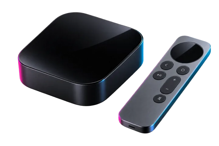 A small square streaming box beside a slim remote control