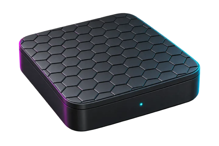A compact set-top box with a honeycomb-textured lid