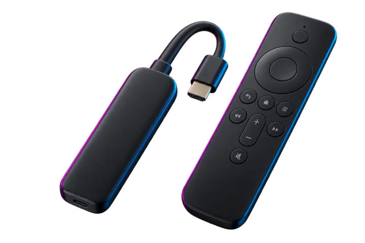 A streaming stick and its remote control, lit in cyan and magenta
