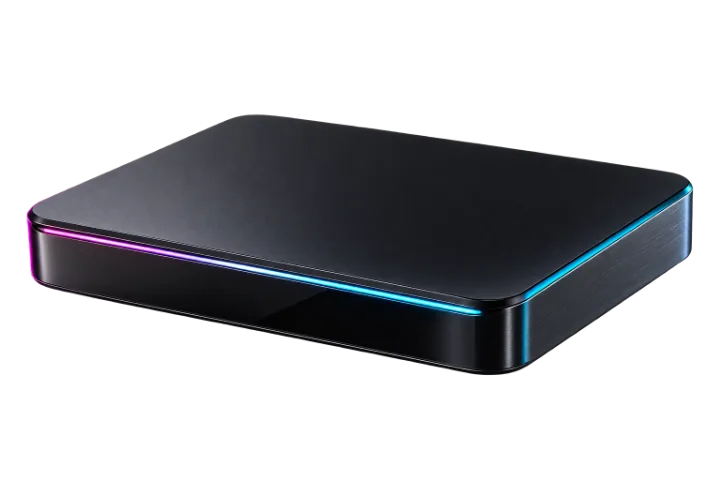 A slim set-top box with a lit strip along its front edge