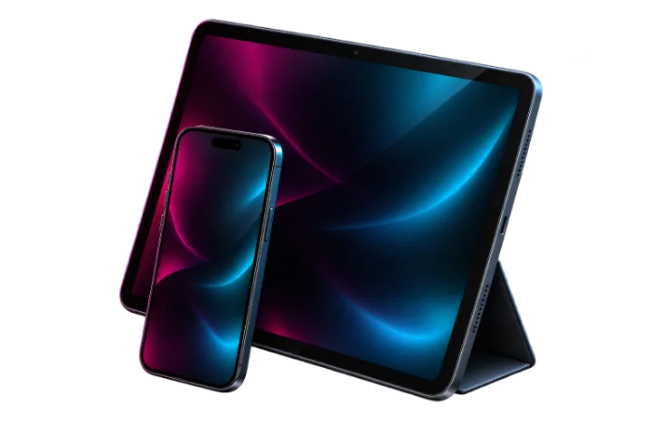 A tablet on a stand with a smartphone in front of it