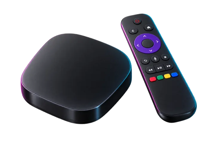 A small streaming box beside a remote with a purple directional pad