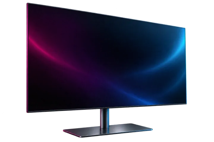 A flat-screen television on a pedestal stand, screen glowing